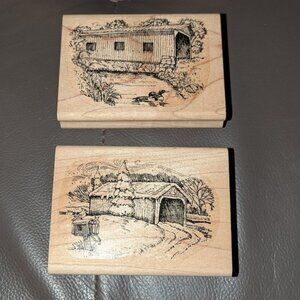 Stampin' Up Set of 2 Wood Mounted Changing Seasons Covered Bridges Rubber Stamps